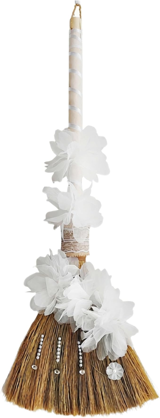 Wedding Broom for Jumping Ceremony, African American Decorative Broomstick DIY with White Floral Pearl Dimond