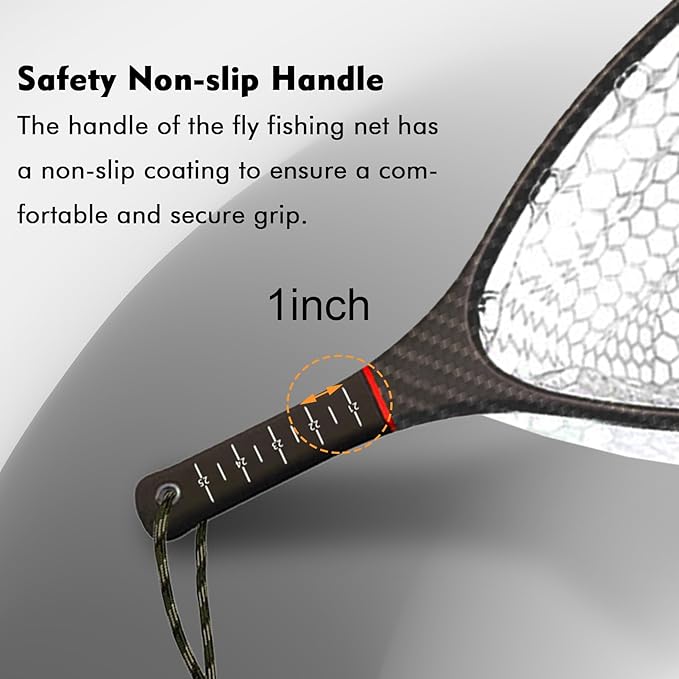 Riverruns Fly Fishing Landing Net Carbon Fiber Trout Net with Measurement Handle, Soft Rubber Mesh - 26" Standard (Wading) / 37" Long (Kayak)