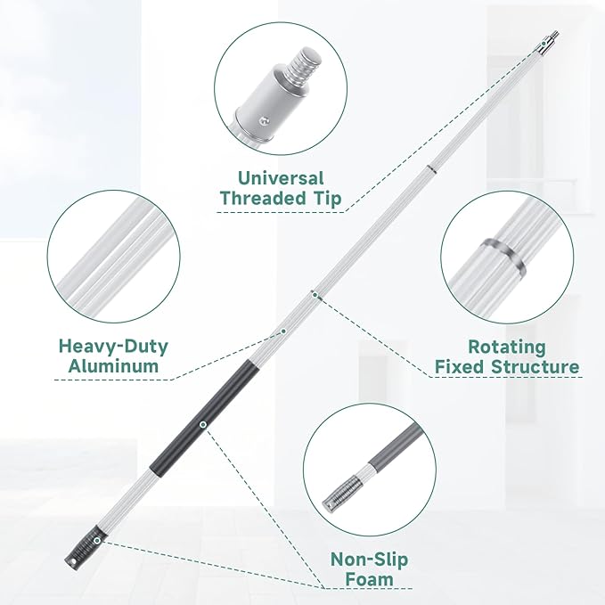 4-10 FT Spider Web Brush with Pole, Cobweb Duster with Extension Pole for Outdoor & Indoor Cleaning, Washable Cleaning Duster Kit with 2 Duster Heads for High Ceilings 18 Ft Reach