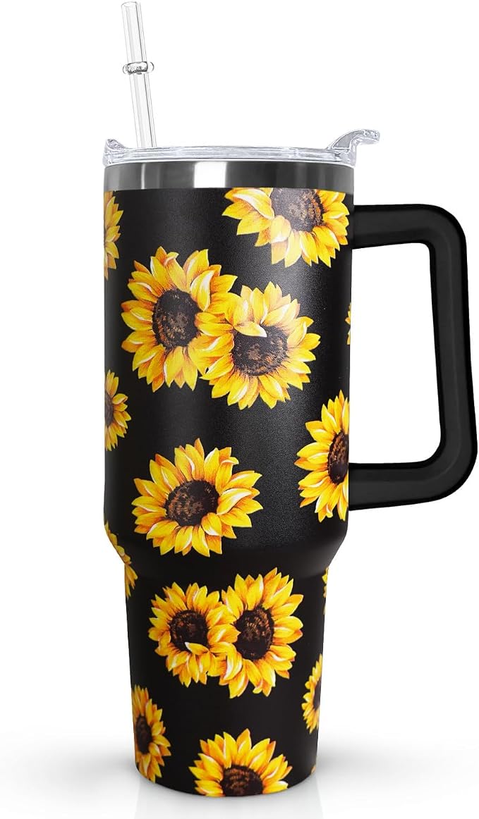 Ceovfoi Sunflower 40 oz Insulated Stainless Steel Tumbler with Handle and Straw
