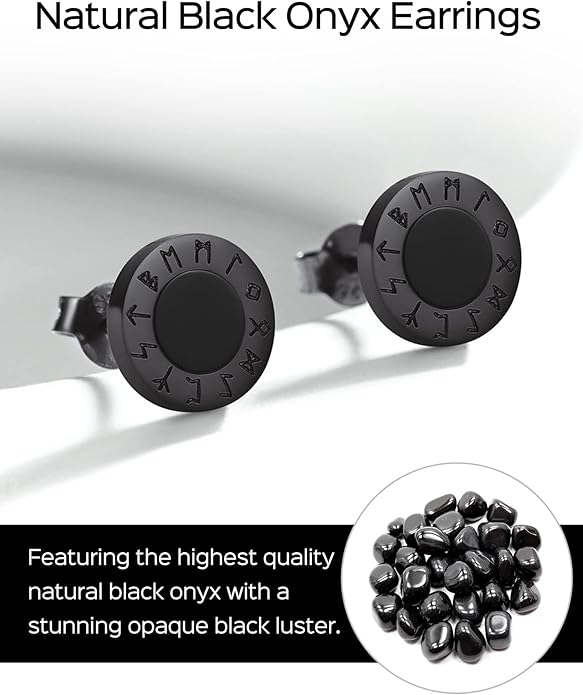 ChicSilver 925 Sterling Silver Viking Rune Natural Black Onyx Stud Earrings For Women Men
