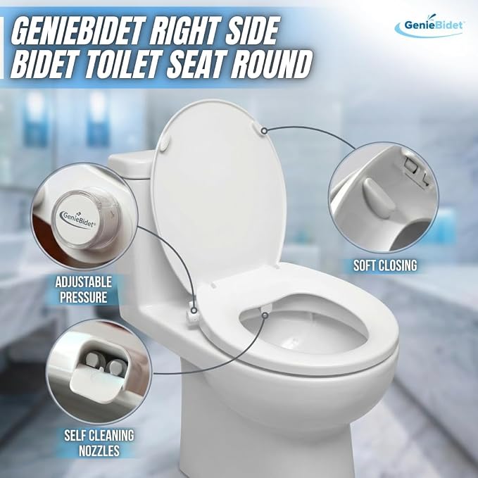 GenieBidet Right Side Bidet Toilet Seat Round - Round Bidet Toilet Seat with Adjustable Self-Cleaning Nozzles, Attachment, T Adapter & Bottle - Non Electric Bidet Seat