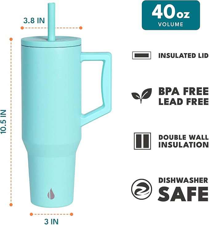 Elemental 40oz Tumbler with Handle and Straw - Spill Proof Insulated Stainless Steel Commuter for Cold Beverages - Travel Coffee Mug with 2 Straws & Spill Proof Lid - 40 oz - Robin's Egg