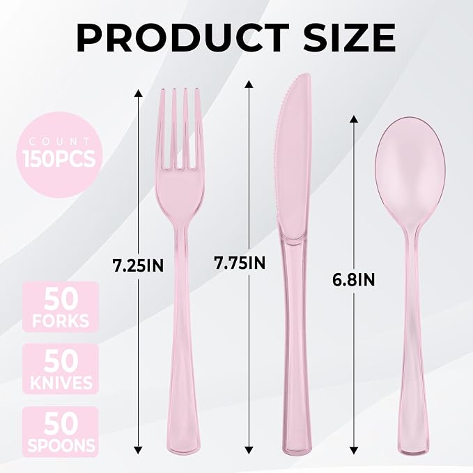150 PCS Plastic Silverware Disposable Silverware Heavy Duty Utensil Sets 50 Of Each Forks Knives & Spoons Disposable Cutlery Set For Easter,Birthday,Baby Shower,Garden Party,Wedding(150,Pink)