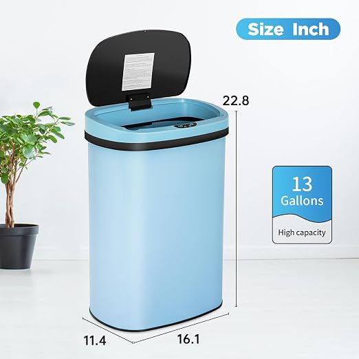 24/7 Shop at Home Freeway 13 Gallon Metal Household Trash Can Motion Sensor Lid for Kitchen, Blue