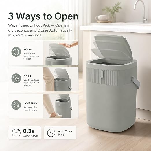 WM-DZT-12-36S Smart Motion Sensor Trash Can, Ultra-Quiet Soft-Close | Long Battery Life | Built-in Bag Storage & Portable PU Handle (Greyish Green)