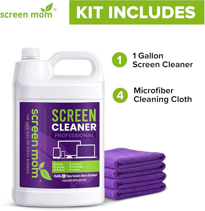 Screen Mom Cleaning Kit - 1 Gallon Screen Cleaner Spray Refill and 4 Pcs Purple Microfiber Cloth, TV Cleaner Spray and Cloth Set for Laptop, Phone, iPad, Car and Computer Cleaning Kit Electronic