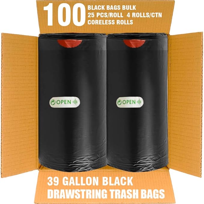 BEIDOU-PAC 39 Gallon Lawn & Leaf Trash Bags Drawstring, 100 Count, Heavy Duty Black & Unscented Plastic Bags, Multi-purpose Garbage Bags for Home Commercial, Outdoor, Construction, Industrial