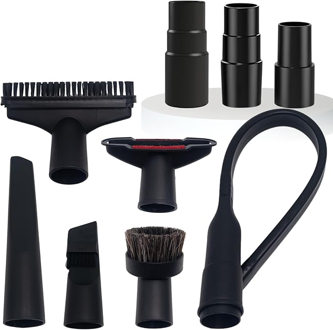 Household Vacuum Cleaner Attachments & Adapter Kit Compatible Small Shop Vacs Hose 1-1/4'' - Horsehair Dust Brush, Flexible Crevice Tool for Cleaning Dryer & Vent, Car Seat Corner