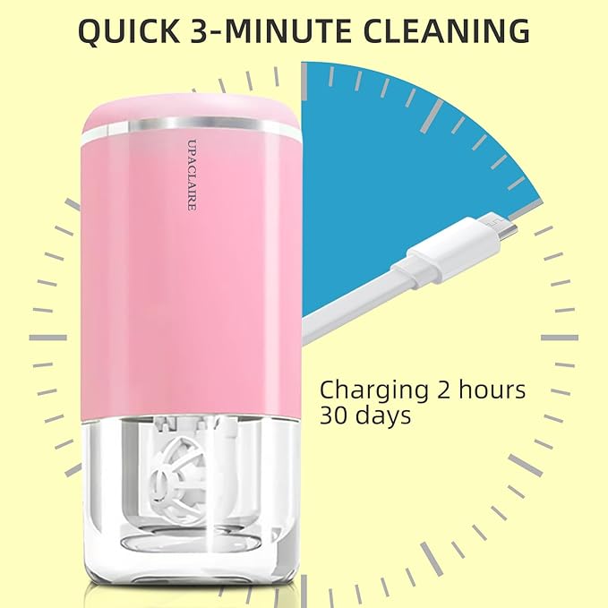 Portable Ultrasonic Contact Lens Cleaner with USB Charger and Solution Soak Case - Soft, Colored, Pink