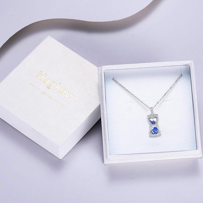 Hourglass Necklace 925 Sterling Silver Sun Moon Star Time Hourglass Pendant Necklaces Blue Memorial Jewelry for Women With 18+2 In Chain