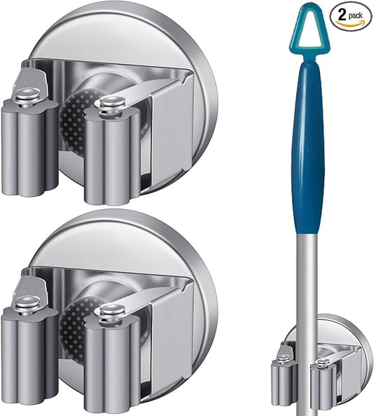 Vercraft 2 Pcs Magnetic Mop Broom Holder Movable Magnetic Broom Holder Rack, Anti Slip Wall Mounted Utility for Cleaning Tools, Garage, Kitchen, Laundry, Garden (Silver)