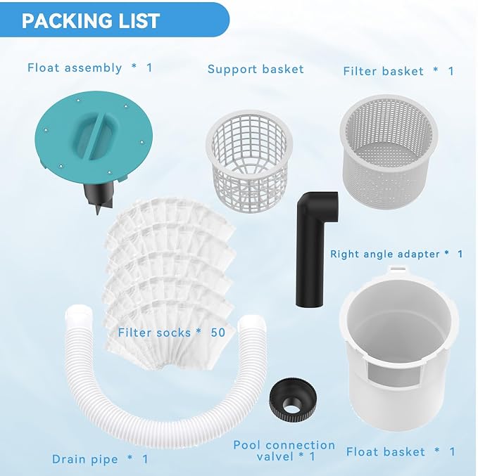 Surface Float Skimmer,2025 Upgrade,No Installation Required, no Adjustable Bracket Required,Comes with 50 Filter Socks, Perfect for Women ((((Turquoise))))