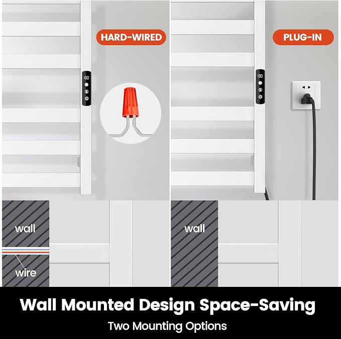 Tower Warmer Rack, 6 Bars Stainless Steel Wall Mounted Electric Heated Towel Rack for Bathroom, Built-in Timer, Hard-Wired & Plug in, Glossy Black (White)