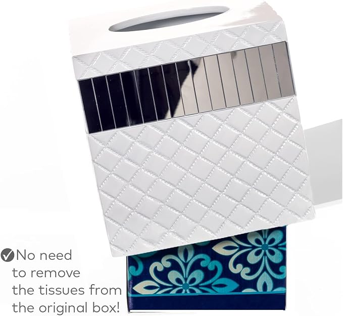 Quilted Mirror White Square Resin Tissue Box Cover with Bottom Slider
