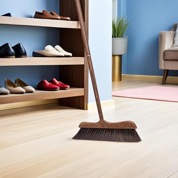 Unomor Wenge Wooden Scrubbing Broom Long Handle Floor Cleaning Broom with Soft Bristle Brush for Dust Removal Indoor Kitchen Patio Courtyard Sidewalk 32.28 X 11.81 X 0.78 in