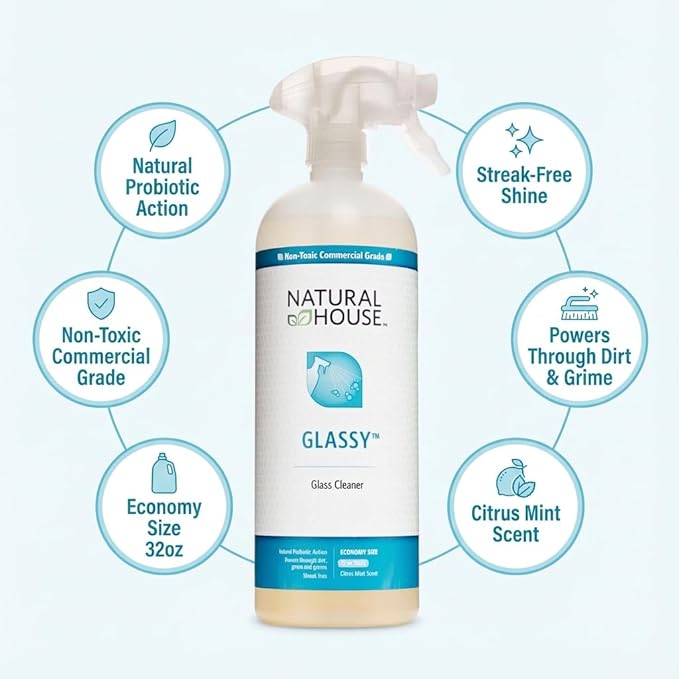 Natural House Glassy - Plant-Based Glass Cleaner Spray - Streak-Free Multi-Surface Formula - Septic-Safe, Plumbing-Friendly - Citrus Mint Scent - 32 oz