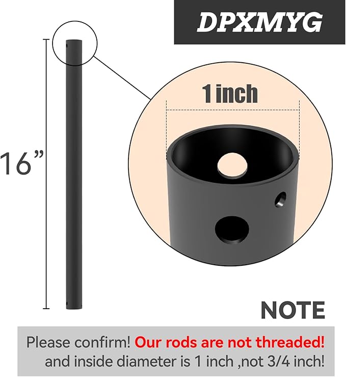 16 inch Ceiling Fan Downrod,Black Downrod for Ceiling Fan, 1 inch Outside Diameter, Boom Suitable for a Wide Range of Fans (Black, Not Threaded)