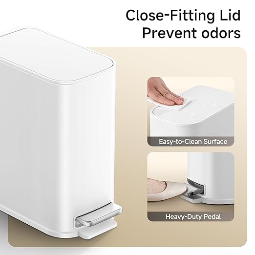 TIPGO Small Bathroom Trash Can with Lid Soft Close, Step Pedal, 1.3 Gallon / 5 Liter Stainless Steel Slim Garbage Can for Office, Diaper Waste Basket with Removable Inner Bucket (White)