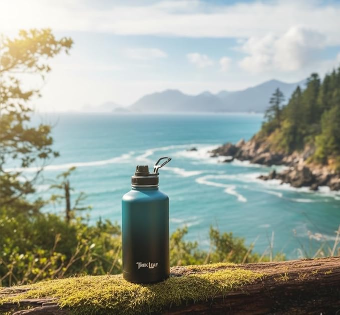 Travel Water Bottle with Carrying Bag, 3 Lids (Spout, Straw, Handle), and Bottle Brush; Leak Proof, Quality, Vacuum Insulated, Stainless Steel (Cascade Shadow, 64 oz)