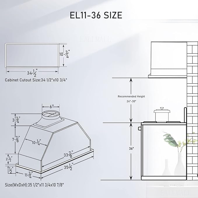 Range Hood Insert 36 Inch, 800 CFM Range Hood Insert, Ultra-quiet Insert Range Hood,3-speed Vent Hood Insert, Ducted/Ductless Hood Range Insert, Stainless Steel Built In Range Hood, EL11-36