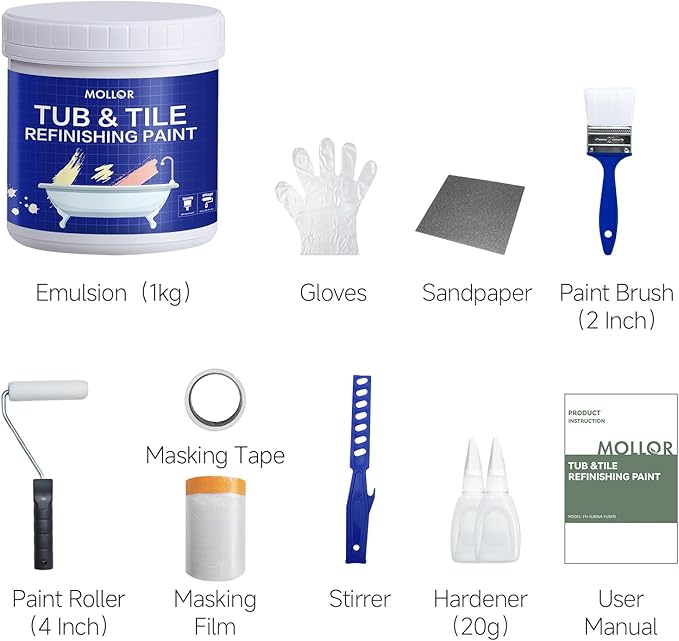 Tub and Tile Refinishing Kit with Tools, 35oz White Tile Paint Water Based & Low Odor, DIY Bathtub Paint, Easy to Use for Bathroom, Kitchen, Porcelain, Floor, 50-60sq.ft（Light Grey）