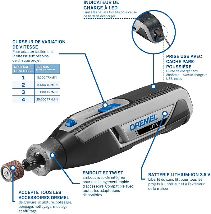 Dremel Lite 7760 Cordless Multi-Tool (3.6V 2.0Ah Battery, Kit with 15 Accessories, USB Charger, Speed 8000-25000rpm for Carving, Engraving, Grinding, Cleaning, Polishing, Sharpening and Sanding)