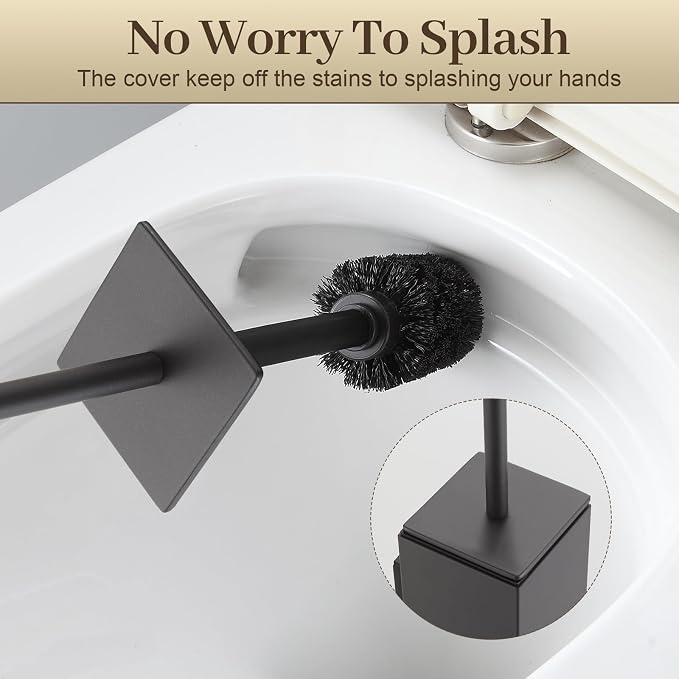 Toilet Brush and Holder Wall Mounted, Gun Gray Aluminum with 2 Replaceable Heads, Bathroom Toilet Brush, Drill or 3M Adhesive Mount, Removable Liner and Splash Guard, Modern Square Design