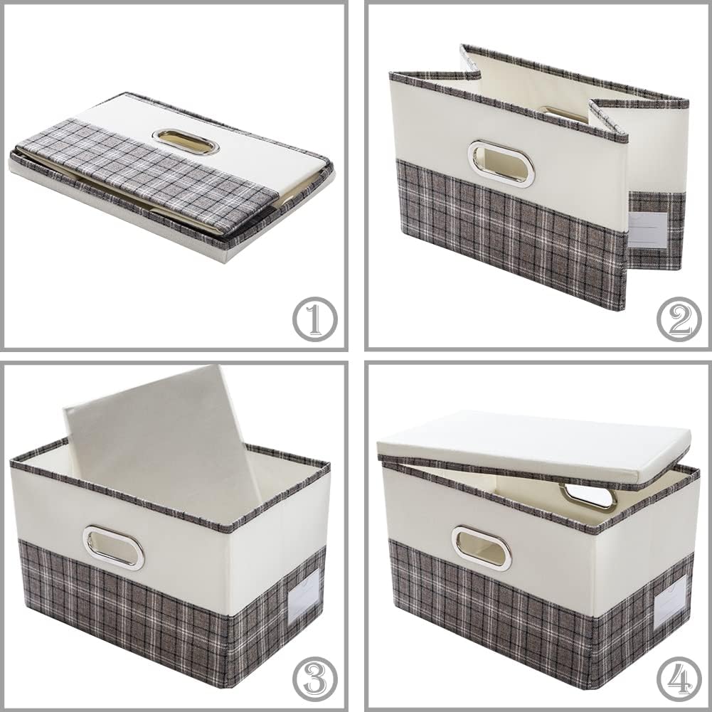 PRANDOM Large Collapsible Storage Bins with Lids [3-Pack] Fabric Foldable Storage Boxes Organizer Containers Baskets Cube with Cover for Home Bedroom Closet Office Gray plaid & Cream(17.7x11.8x11.8)