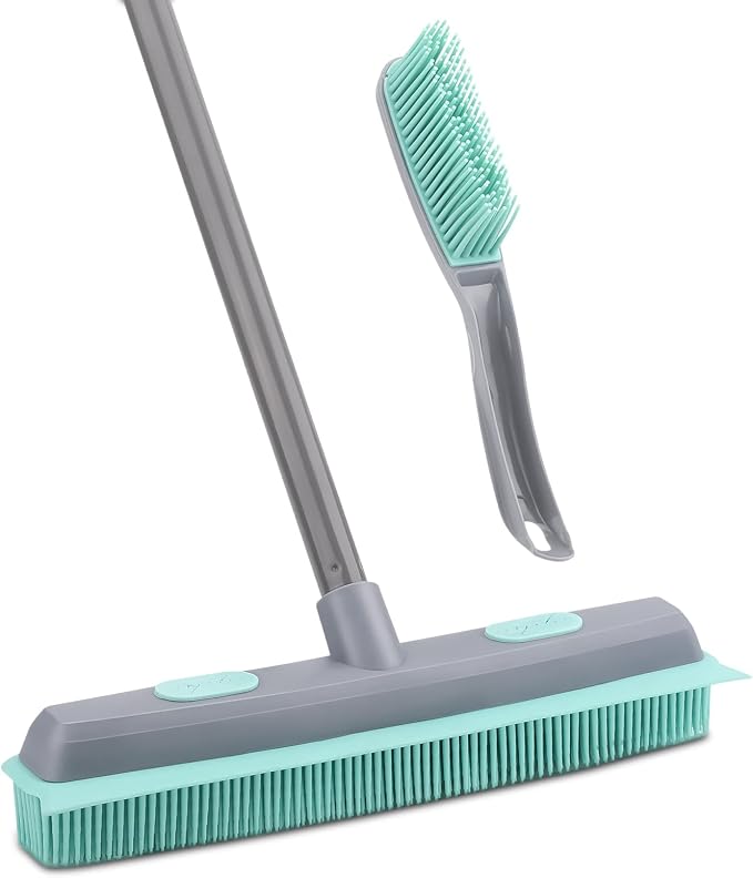 Conliwell Rubber Broom Carpet Rake for Pet Hair, Fur Remover Broom with Squeegee and 18" Professional Microfiber Mop Floor Cleaning System