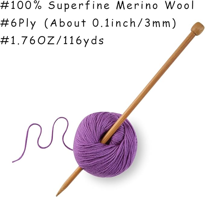 100% Merino Wool Yarn, 6-Ply Luxurious and Soft Yarn for Hand Knitting & Crocheting, 1.76 OZ/50g, 127 yds/116 Meters(Dark Purple, 1 Ball)