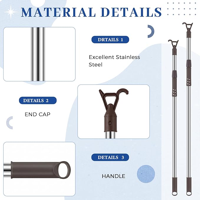 Reallnaive 1 Pack Telescoping Skylight Pole with Hook 47 to 79 Inch Wand for Blinds Tension Rod Blinds Shades Stainless Steel Adjustable Curtain Pull Wand for Skylight Cordless Window (Brown)
