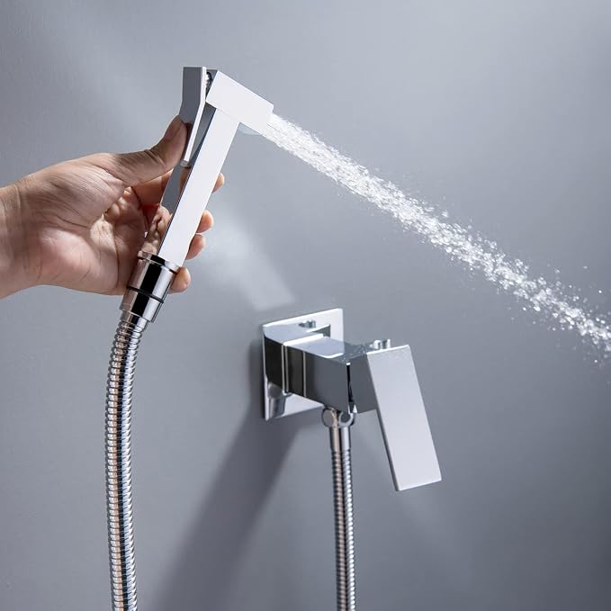 Handheld Bidet Sprayer Head Hot and Cold Mixing Kit Set Chrome Brass | Warm Water Value Mixer, Modern Square Design, Concealed Bidet Hand Held Sprayer Shattaf Bathroom Attachment For Toilet