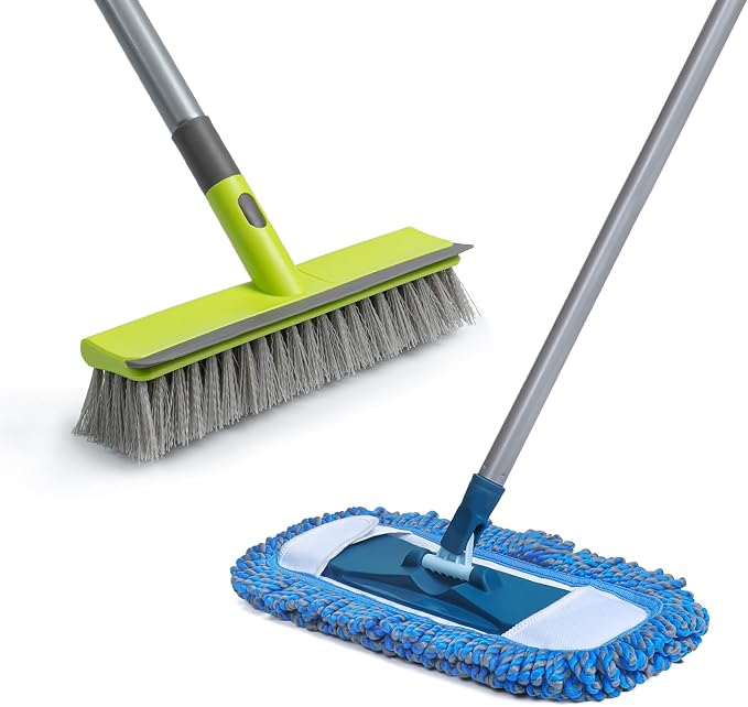 Floor Scrub Brush and Dust Mop, 2 in 1 Floor Brush and Dust mop for Hardwood Floor Cleaning