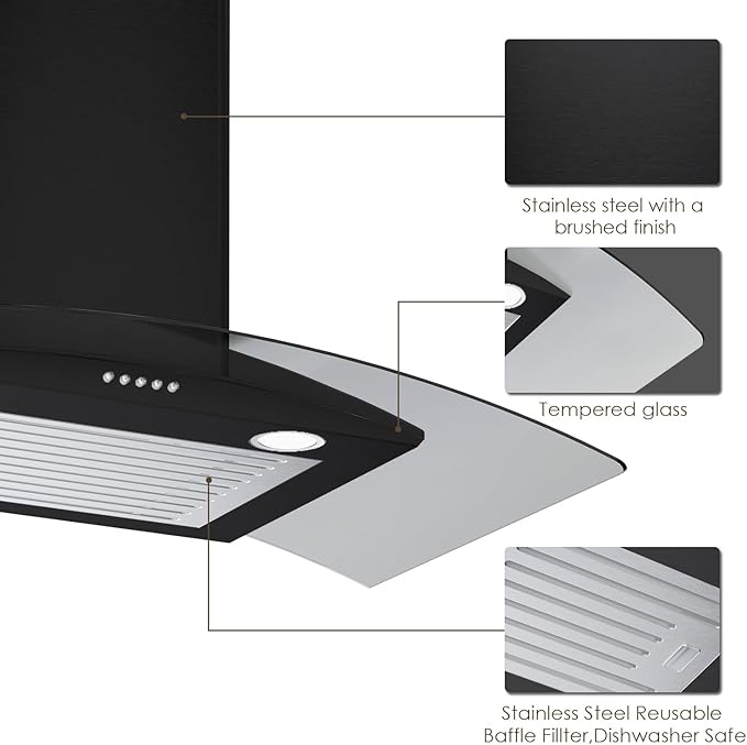 30 Inch Black Range Hood Wall Mounted Curved Glass Range Hoods with 450 CFM, Stainless Steel kitchen Ductless/Ducted Convertible with 3 Speed Controls, Permanent Baffle Filters and 2 LED Lights