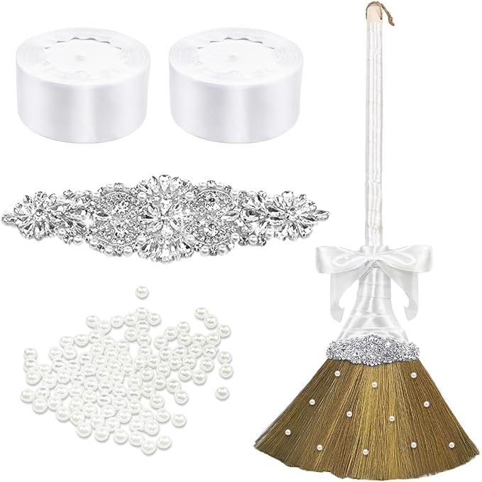 Wedding Brooms for Jumping Ceremony,White Whisk Broom Wedding Broom with White Ribbon and Faux Pearls,Whisk Broom Jumping The Brooms for Wedding DIY Wedding Ceremony Crafts