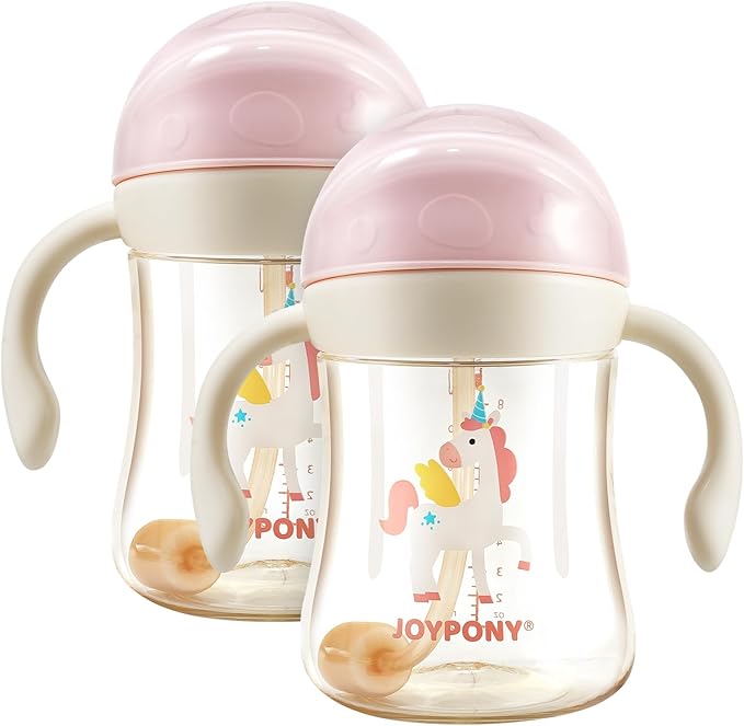 Joypony Sippy Cups for Toddlers 1-3, Spill Proof Weighted Straw Cup with Handle for Baby 6 Months + old, 2 Pack, Total 4 Silicone Straws, PPSU, BPA Free, 9 oz (Pink)