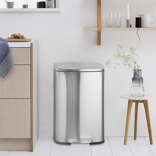 Fashionwu 50L/13 Gallon Stainless Steel Rectangular Trash Can with Foot Pedal, Soft Close Lid