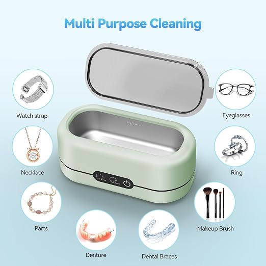 BYASKZIV Ultrasonic Jewelry Cleaner, 50KHz Ultrasonic Cleaner Machine with 304 Stainless Steel for Jewelry, Eyeglasses, Rings, Watch Strap, Dentures, Dual Cleaning Modes - Green