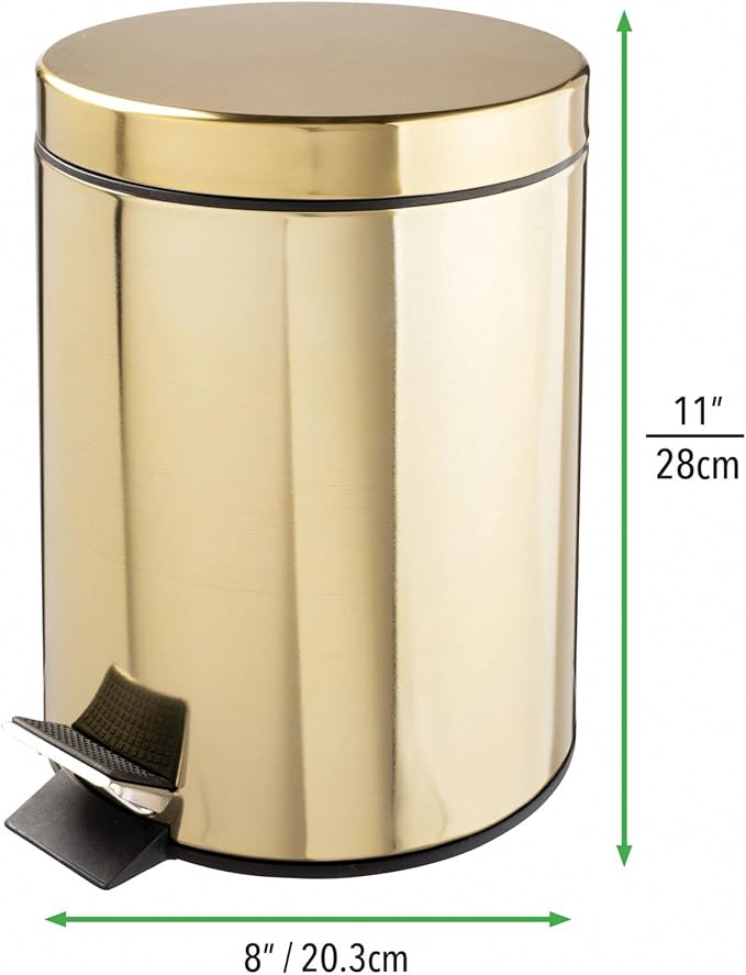 mDesign Metal Steel/Plastic Toilet Bowl Brush/Holder and Round 1.3 Gallon/5L Step Trash Can Combo Set for Bathroom; Holds Trash, Recycling, Deep Cleaning, Mirri Collection, Brass