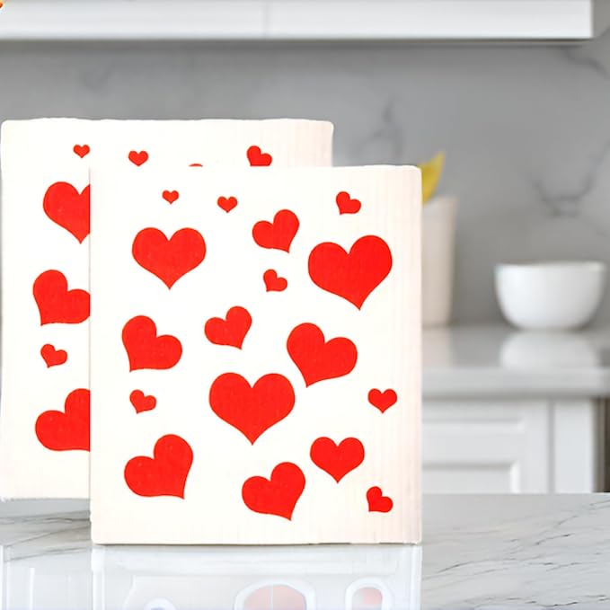 Swedish Dishcloths 2-Pack - Super Absorbent Reusable Cellulose Sponge Cloths, Eco-Friendly Kitchen Cleaning Towels, Machine Washable, Flying Hearts Design, 7.87"x6.88"