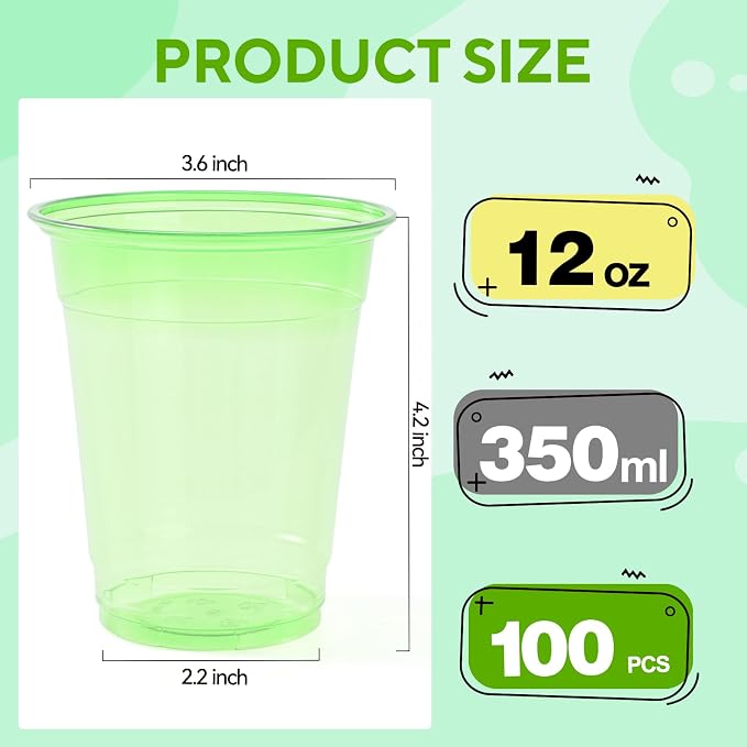 100 Pack Green Clear Plastic Cups 12 oz Disposable Drinking Cups for Wedding Green Birthday Party Supplies