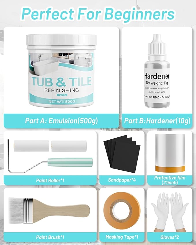 Tub and Tile Paint Refinishing Kit, 17.6oz Bathtub Refinishing Kit White with Tools and Hardener, Semi-Gloss White Tub Paint for Bathtub, Sink, Low Odor and Easy to Use, 25-30sq.ft