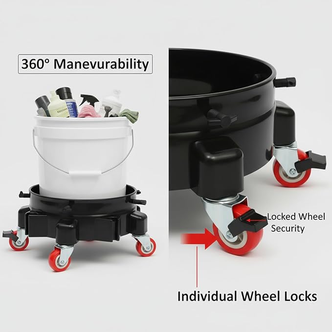 5 Gallon Bucket Dolly, Car Wash Bucket Mobile Base with 5 Swivel Wheels, 300LB Capacity Rolling Pail Stand 360° Rolling Caddy for Cleaning Gardening (Black)