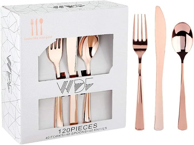 WDF 120 Pieces Rose Gold Plastic Silverware- Disposable Flatware Set-Heavyweight Plastic Cutlery- Includes 40 Forks, 40 Spoons, 40 Knives for Baby Shower Wedding Spring Party