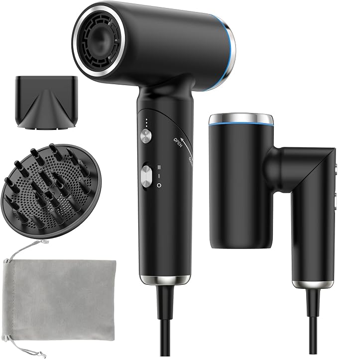 Dual Voltage Hair Dryer Travel Europe Foldable, High Speed Ionic Blow Dryer Fast Drying,100-240V Portable Dryers with Magnetic Nozzles,1300W, Black