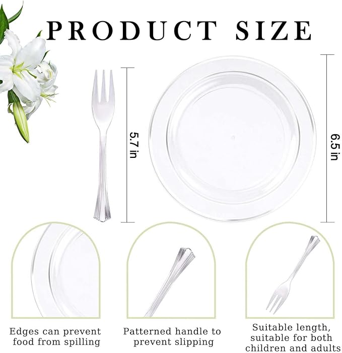 DaYammi 240Pcs Silver Dessert Plates Set Includes 120 Disposable Cake Plates 6.5" 120 Plastic Forks 5.7", Clear Silver Plastic plates, Fancy Appetizer plates for Party and Wedding Birthday