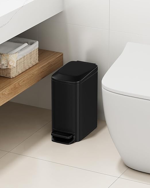 TIPGO Slim Bathroom Trash Can with Lid Soft Close, Step Pedal, 6 Liter / 1.6 Gallon Stainless Steel Trash Bin, Small Garbage Cans for Bedroom, Office, Kitchen (Matte Black)