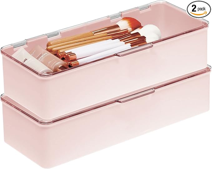 mDesign Long Plastic Cosmetic Storage Organizer Box Containers with Hinged Lid for Bedroom, Bathroom Vanity Shelf or Cabinet, Holds Masks, Palettes, Lotion, or Nail Polish, 2 Pack - Light Pink/Clear