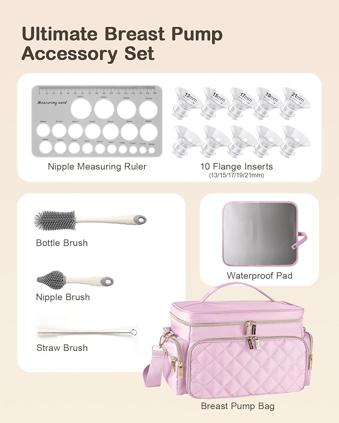 Breast Pump Bag Kit for Spectra S1/S2, Pumping Bag with Bottle Brush Set, 10Pcs Flange Inserts for 24mm Flange, Nipple Ruler, Waterproof Mat, Pump Carrying Case for Work Travel, Light Pink